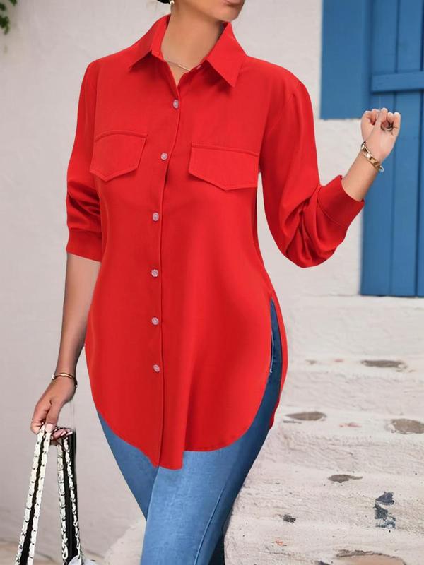 Women's Basic Button Front Longsleeves Split Hem Shirt, Summer Clothes Women, Casual Work Clothes, Minimalist Long Sleeve Collared Top,  Going Out Tops,  Office Outfits Womenwear