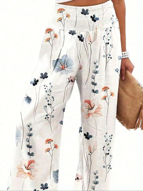 Women's Patchwork Print Elastic Waist Wide Leg Pants, Boho Casual Trousers for Beach Vacation Holiday, Ladies Bottoms for All Seasons, Preppy 80s Clothes