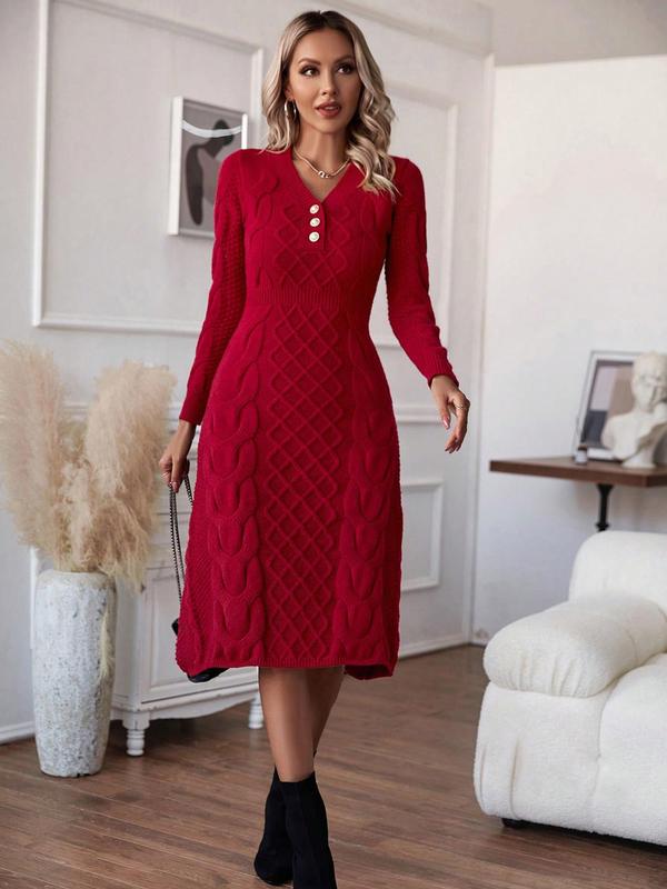 Women's Textured Faux Pearl Decor Cable Knit Sweater Dress, Elegant Long Sleeve V Neck Midi Knit Dress for Fall & Winter,  Dresses for Women, Women's Knitwear for Daily Wear, Fall Clothes