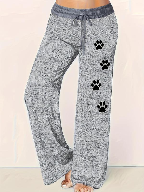  Paw Print Drawstring Waist Pants, Casual Comfy High Waist Trousers for Women, Women's Bottoms for Fall & Winter