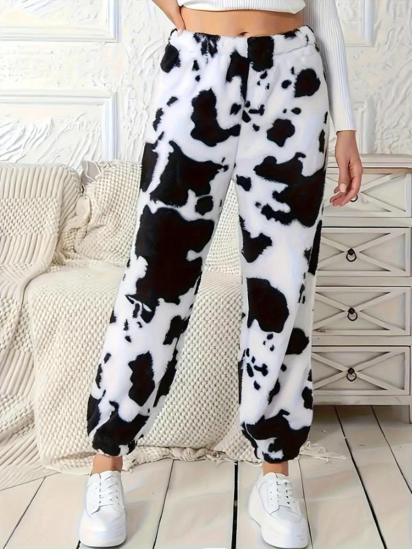 Women's Cow Print Elastic Waist Pants, Casual Comfy Jogger Trousers for Fall & Winter, Women's Bottoms for Daily Wear