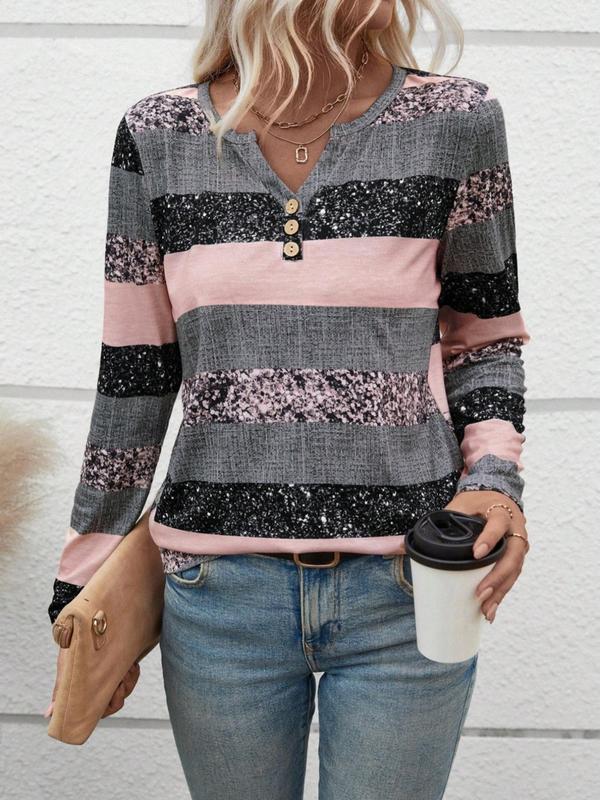 Women's Colorblock Striped Print Buttons Notched Neck Tee, Casual Long Sleeve T-shirt for Fall & Winter, Women's Clothing for Daily Wear