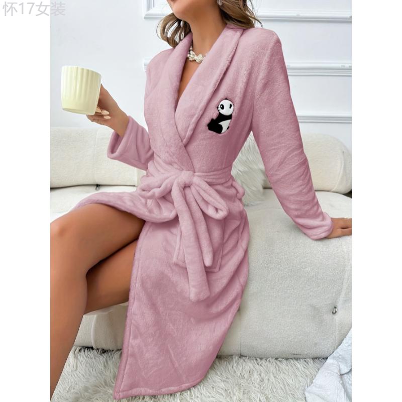 Panda Pattern Fuzzy Night Robe, Long Sleeve Lapel Robe With Pockets & Belt, Women's Sleepwear Fabric Womenswear