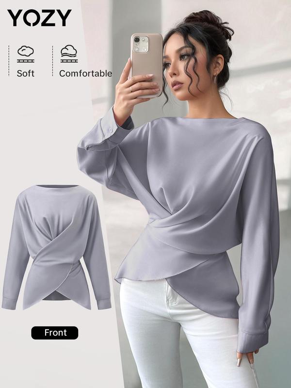 YOZY Women's Plain Ruched Wrap Batwing Sleeve Blouse, Elegant Long Sleeve Round Neck Top for Spring & Fall, Women's Clothing for Daily Wear