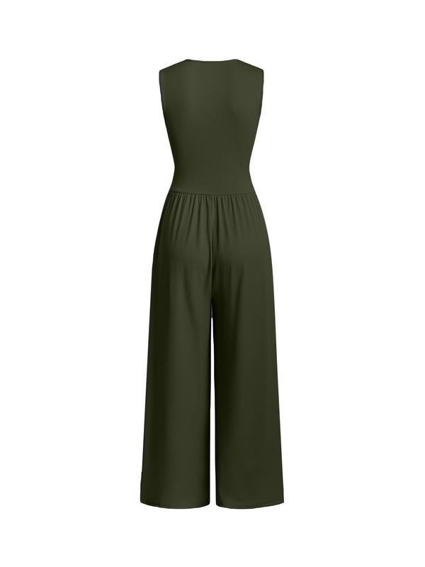 Women's Ruched Ribbed Tank Jumpsuit, Elegant V Neck Wide Leg Jumpsuit, Minimalist Basic Womenswear, Ladies Summer Clothes for Vacation Holiday Party, Fall Outfits, Apple Shape Outfits