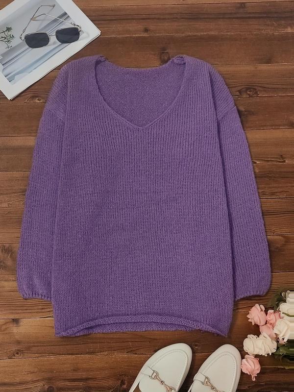 Women's Plain Drop Shoulder Long Sleeve Sweater Pullover, Casual Fashion V Neck Jumper for Fall & Winter, Women's Knitwear for Daily Wear