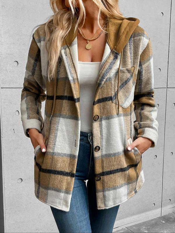 Women's Plaid Print Button Front Drawstring Hooded Coat, Casual Long Sleeve Drop Shoulder Pocket Outerwear for Fall & Winter, Ladies Clothes for Daily Wear