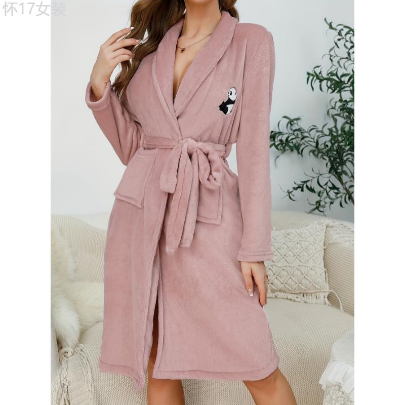 Panda Pattern Fuzzy Night Robe, Long Sleeve Lapel Robe With Pockets & Belt, Women's Sleepwear Fabric Womenswear