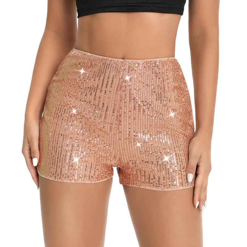 Women's Summer Sequins Shorts Mid Waist Elastic Band Sparkly Straight Leg Shorts Glitter Hot Pants for Party