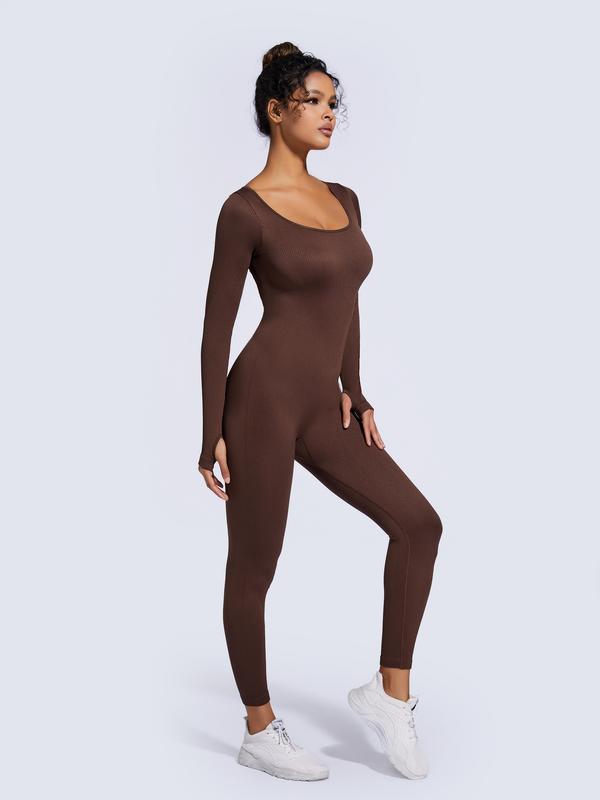 Women's Ribbed Jumpsuit, Casual Tummy Control High Stretch Shapewear Jumpsuit, Long Sleeve Bodysuit for Workout and Sports, Solid Color Seamless Playsuit - Check, Womenswear, Ladies Shapewear Clothes for Daily Wear#SSL1 Tops Longsleeves Comfort Basic