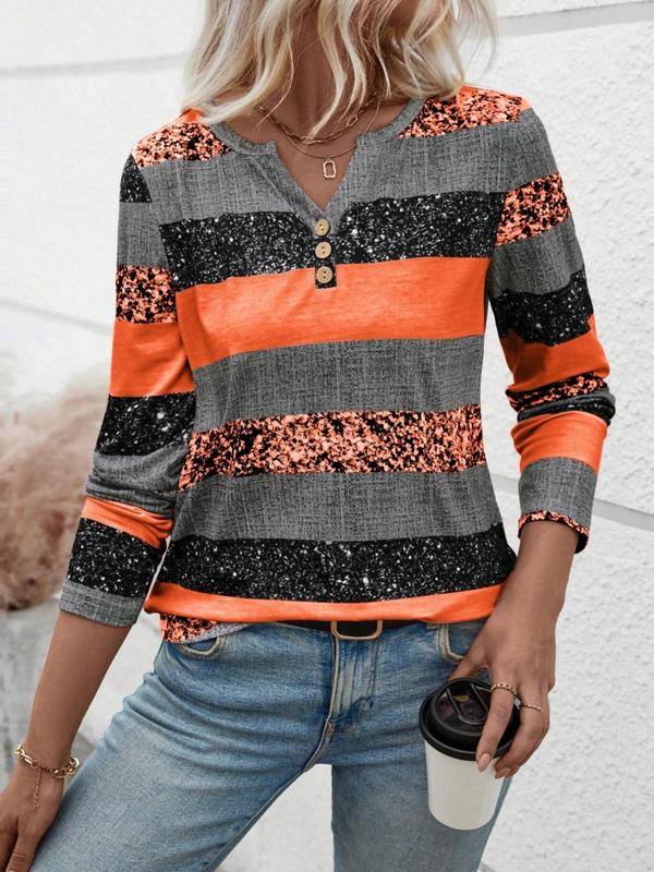 Women's Colorblock Striped Print Buttons Notched Neck Tee, Casual Long Sleeve T-shirt for Fall & Winter, Women's Clothing for Daily Wear