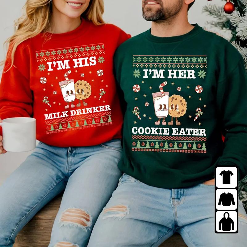 I'm His Milk Drinker Matching Couple Sweatshirt, I'm Her Cookie Eater Shirt, Funny Matching Christmas Couple Sweatshirt, Matching Christmas