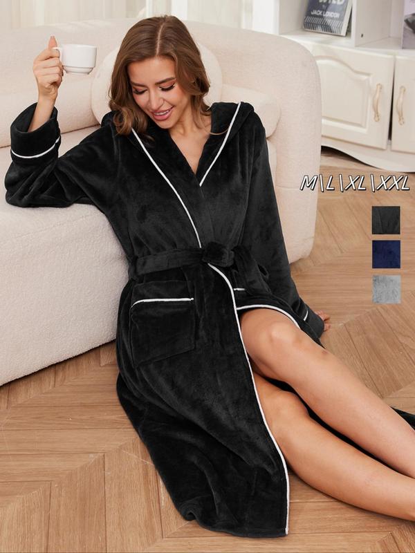 Women's Solid Contrast Binding Belted Pocket Flannel Lounge Robe, Casual Long Sleeve Hooded Bathrobe, Ladies Fall & Winter Sleepwear