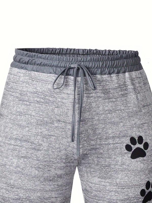  Paw Print Drawstring Waist Pants, Casual Comfy High Waist Trousers for Women, Women's Bottoms for Fall & Winter