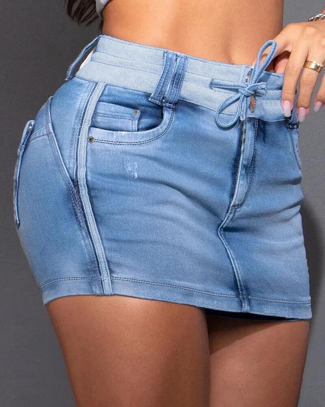 Chicme Contrast Binding Ripped Drawstring Denim Skorts denim  skirt