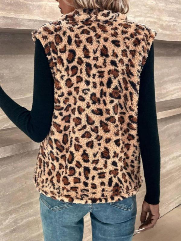  Leopard Print Fuzzy Collared Vest Coat, Casual Sleeveless Open Front Outerwear for Fall & Winter, Women's Clothes for Daily Wear