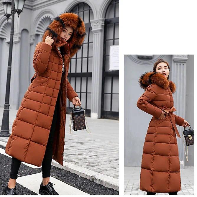 Long Down Cotton Parkas Coat Female New Winter Over Knee Loose Large Fur Collar Hooded Warm Thick Parkas Women  Padded Overcoat