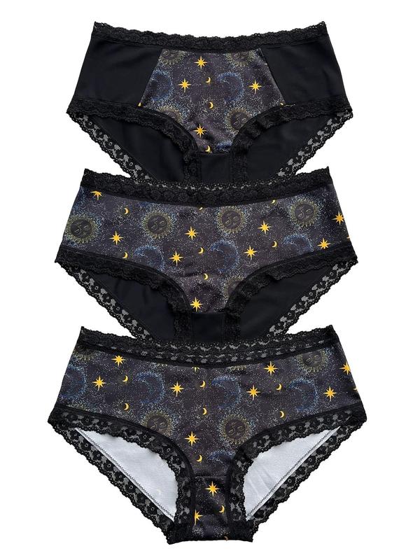 Plus Size Galaxy Print Contrast Lace Knicker, Casual Soft Comfy Panty for Daily Wear, Women's Underwear for All Seasons