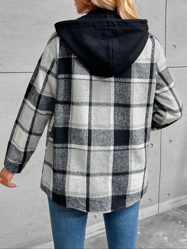 Women's Plaid Print Button Front Drawstring Hooded Coat, Casual Long Sleeve Drop Shoulder Pocket Outerwear for Fall & Winter, Ladies Clothes for Daily Wear