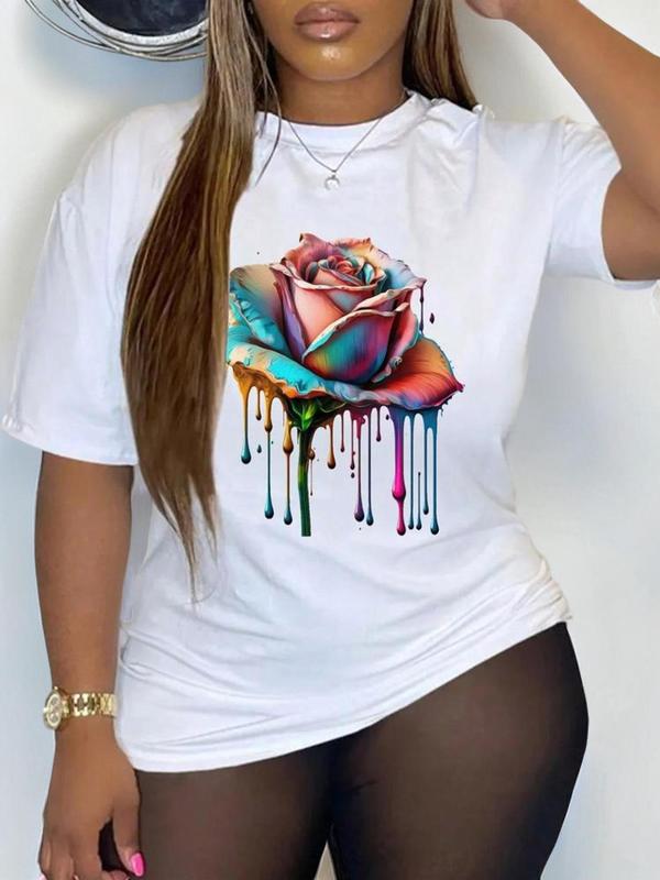 Women's Rose Print Drop Shoulder Tee, Fashion Casual Short Sleeve Round Neck T-shirt for Daily Outdoor Wear, Ladies Summer Clothes, Graphic Tees, Tiktop Shop