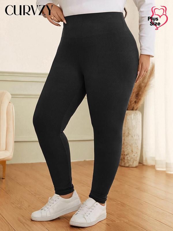 CURVZY Plus Size Solid High Waist Ribbed Leggings, Casual Comfy Skinny Pants for Daily Wear, Women's Bottoms for All Seasons