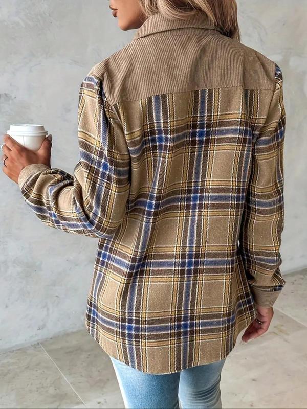 Women's Patchwork Plaid Print Button Front Shirt Coat, Casual Flap Pocket Long Sleeve Collared Outerwear for Fall & Winter, Ladies Clothes for Daily Wear