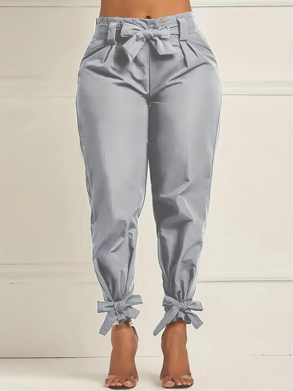  Solid Bow Front Belted Carrot Pants, Elegant Fashion Tapered Trousers, Women's Summer Bottoms for Daily Wear Work Business