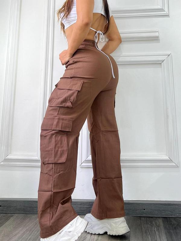 Women's Plain Pocket Cargo Pants, Fall Outfits, Casual Streetwear Wide Leg Trousers for Daily Wear, Ladies Bottoms for Fall, Downtown Girl Clothes