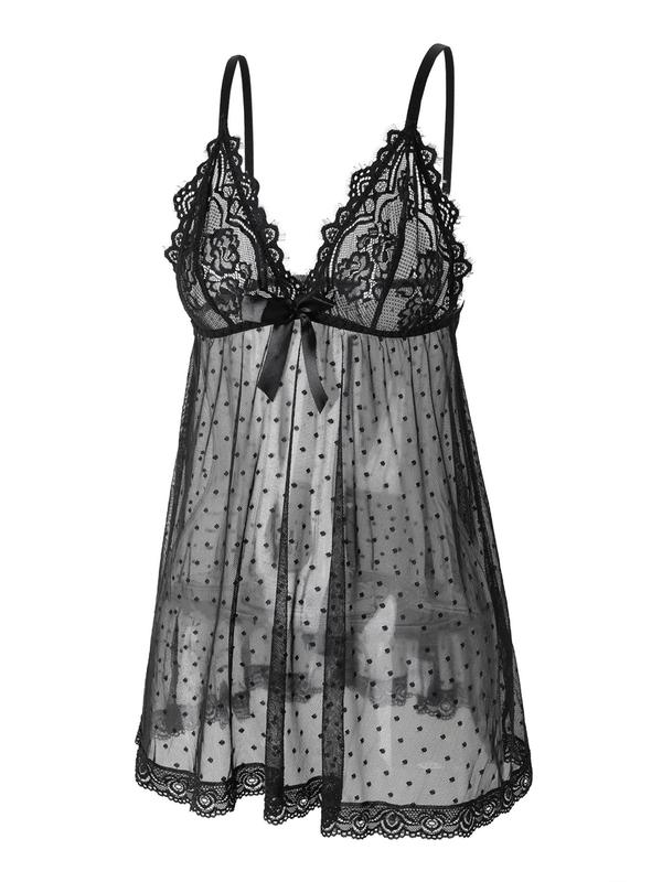 Women's Polka Dot Print Bow Decor Sheer Tulle Sexy Lingerie Nightdress, Sexy Elegant Backless Nightgown, Women's Lingerie & Underwear for All Seasons