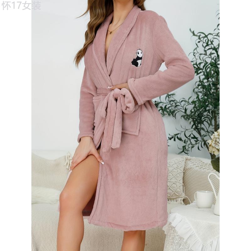 Panda Pattern Fuzzy Night Robe, Long Sleeve Lapel Robe With Pockets & Belt, Women's Sleepwear Fabric Womenswear