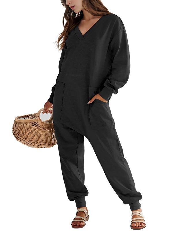 DRESSIN [Orange,Khaki,Black, size XS-XL] Women Cozy Loose Versatile Easy-on Cuffed Knit Solid V-Neck Loose Stretchy Brown Long Sleeve Jumpsuit with Pockets and Tapered Legs Soft and Comfortable for Fall and Winter Lounge wear