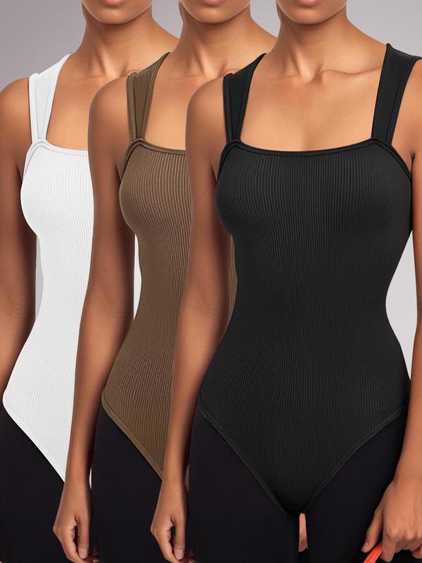 Women's Solid Ribbed Sports Bodysuit, Casual Comfy Breathable Sleeveless Bodysuit for Daily Wear, Ladies Sportswear for Spring & Fall