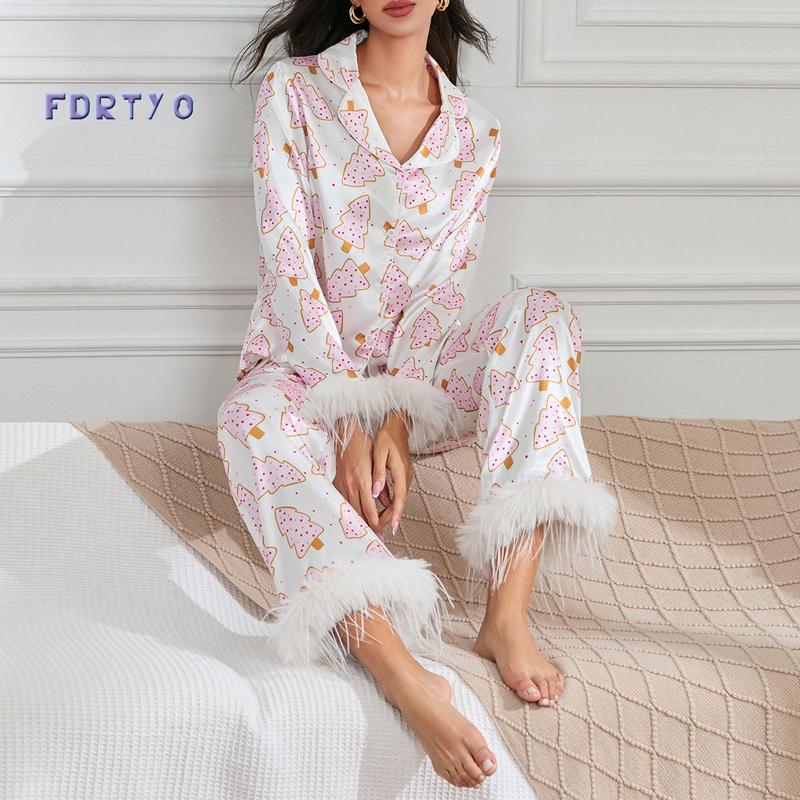 Women Christmas Pajamas Lounge Set Santa Christmas Tree Boots Print Shirts Tops and Pants 2 Piece Loungewear Outfits