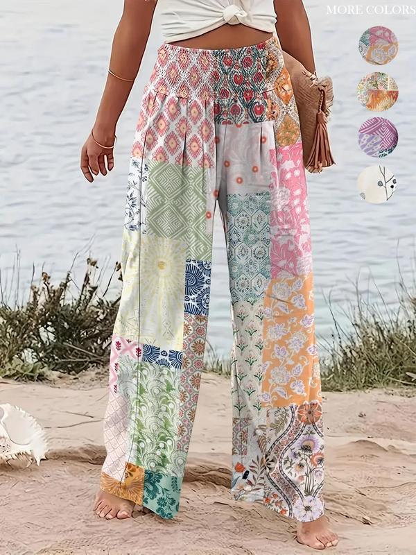 Women's Patchwork Print Elastic Waist Wide Leg Pants, Boho Casual Trousers for Beach Vacation Holiday, Ladies Bottoms for All Seasons, Preppy 80s Clothes