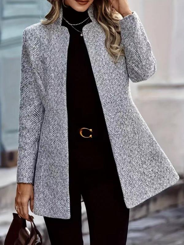 Women's Solid Color Stand Collar Open Front Jacket, Casual Long Sleeve Outerwear for Fall & Winter, Women's Clothing for Daily Wear