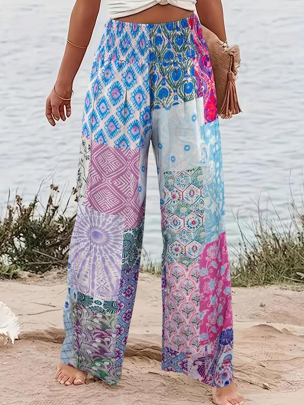 Women's Patchwork Print Elastic Waist Wide Leg Pants, Boho Casual Trousers for Beach Vacation Holiday, Ladies Bottoms for All Seasons, Preppy 80s Clothes