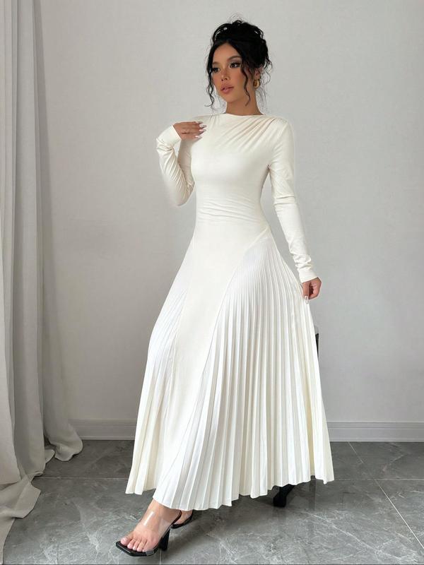 Women's Plain Pleated Long Sleeve Dress, Elegant Round Neck A Line Dress for Party Holiday Wedding Guest, Ladies Spring & Fall Clothes