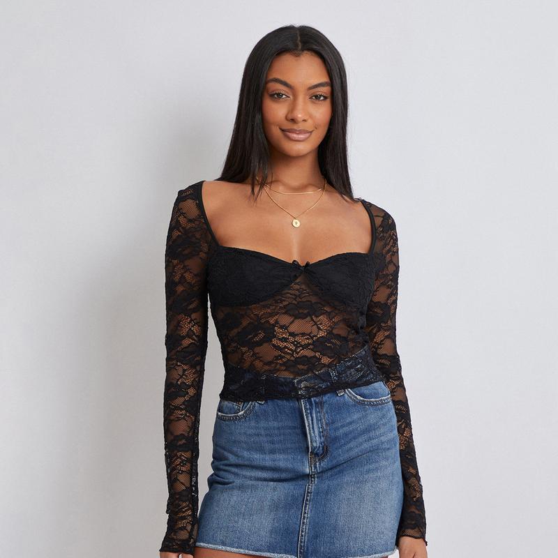 New Women Ladies Girls Fashion Crop Floral Lace Tops Long Sleeve Blouses & Shirts Casual Pullovers for Club Streetwear Aesthetic Grunge Clothes Womenswear Crop Tops