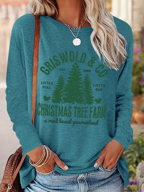 Women's Christmas Tree & Letter Print Round Neck Sweatshirt, Casual Long Sleeve Crew Neck Pullover for Fall & Winter, Women's Clothes for Daily Wear