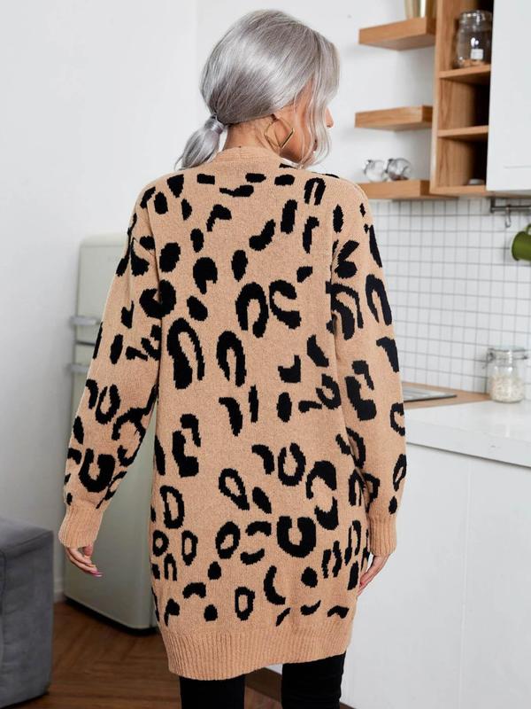 Women's Leopard Print Pocket Cardigan, Casual Drop Shoulder Long Sleeve Open Front Cardigan for Fall & Winter, Fashion Women's Knit Clothing for Daily Wear