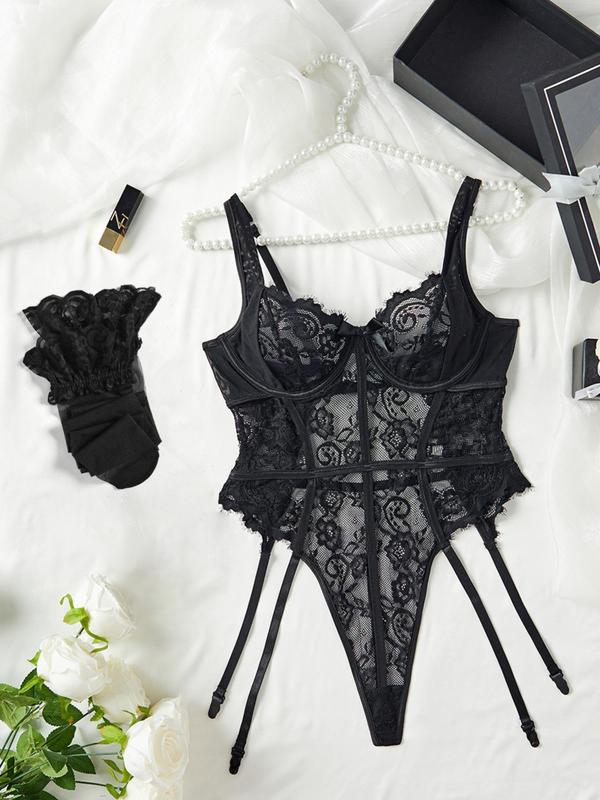 Women's Floral Lace Sheer Sexy Lingerie Set, Romantic Teddy Lingerie & Stockings Set, Lingerie Set for Women