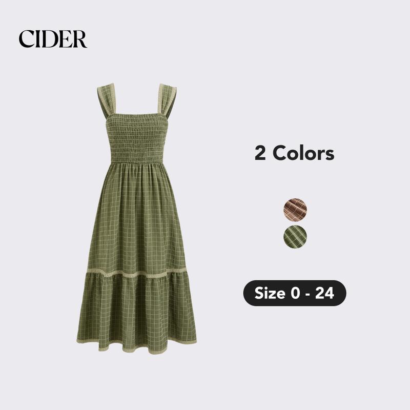 Cider [2 colors, size 0-24] Square Neck Shirred Gingham Maxi Dress