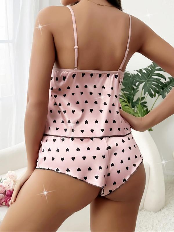 Women's Heart Print Contrast Lace Cami Top & Bow Decor Shorts Pyjama Two-Piece Set, Casual Comfy Spaghetti Strap Camisole & Shorts PJ Set, Ladies Sleepwear for All Seasons