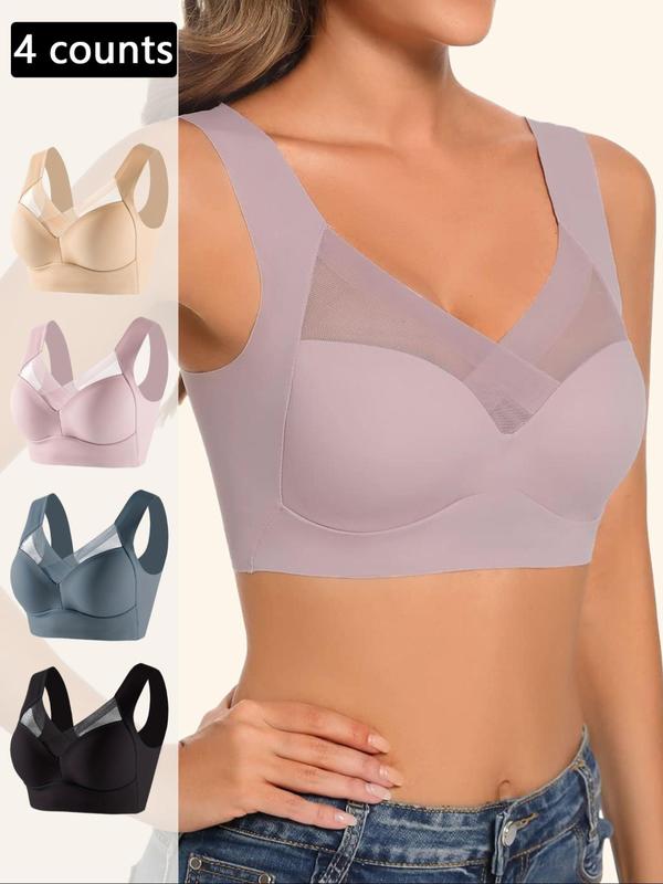 Women's Solid Color Contrast Mesh Wireless Push Up Bra, Breathable Comfortable Seamless Lingerie Top for Daily Wear, Women's Lingerie for All Seasons