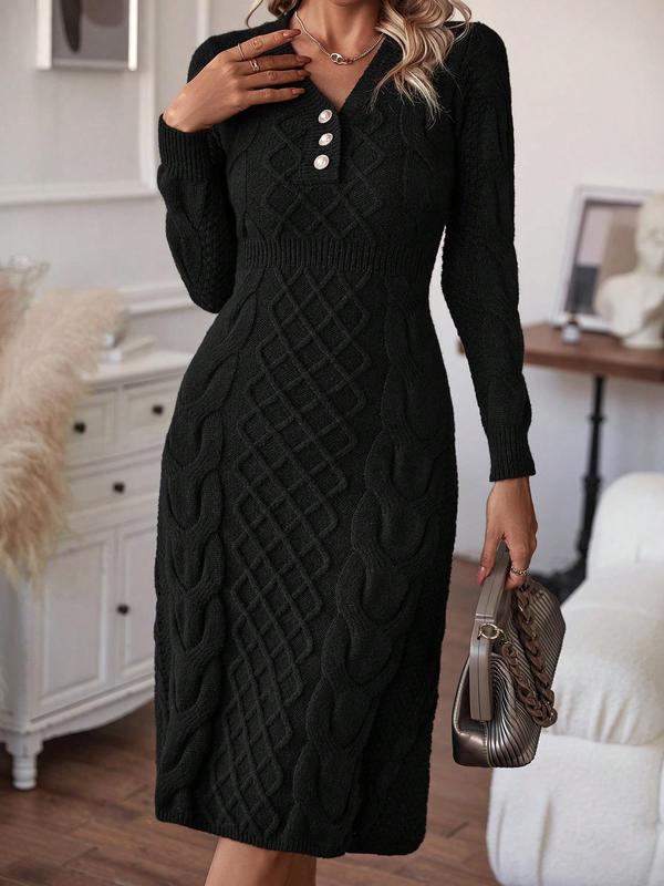 Women's Textured Faux Pearl Decor Cable Knit Sweater Dress, Elegant Long Sleeve V Neck Midi Knit Dress for Fall & Winter,  Dresses for Women, Women's Knitwear for Daily Wear, Fall Clothes