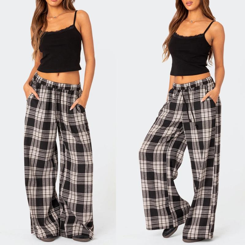 Comfy Pajama Pants for Women Plaid Elastic Waist Wide Leg Lounge Pants Casual Drawstring Loose Bottoms Sleepwear