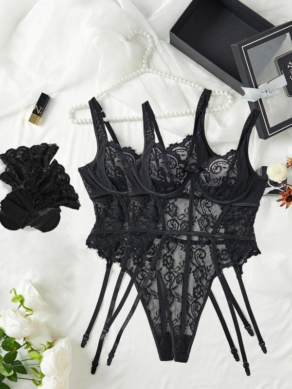 Women's Floral Lace Sheer Sexy Lingerie Set, Romantic Teddy Lingerie & Stockings Set, Lingerie Set for Women