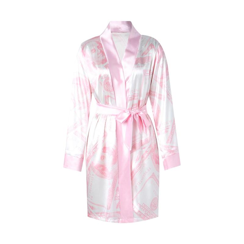 Women´s Satin Robe, Trendy Dollar Print Long Sleeve Silky Kimono Bathrobe Sleepwear with Belt