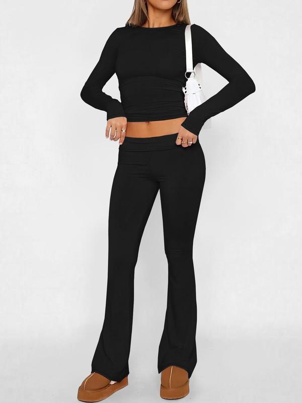 Two-Piece Set Women's Solid Color Long Sleeve Crop Tee & Flare Leg Pants, Casual Fashion Cozy Round Neck Top & Bell Bottom Trousers for Daily Outdoor Wear, Women's Clothing for Fall & Winter