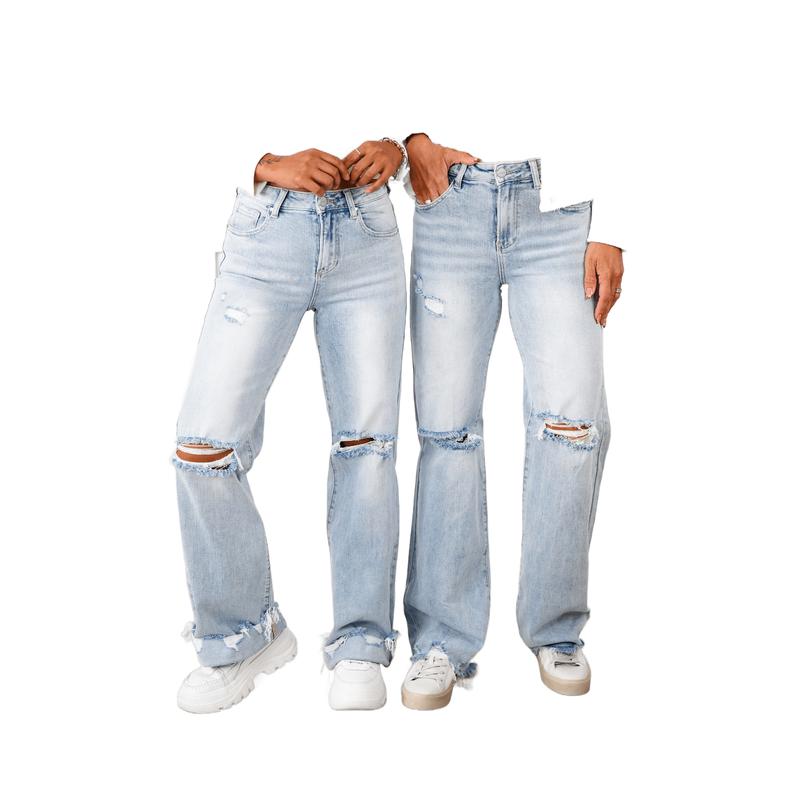 Freckled Poppy x Risen High Rise Light Wash Distressed Straight Leg Jeans